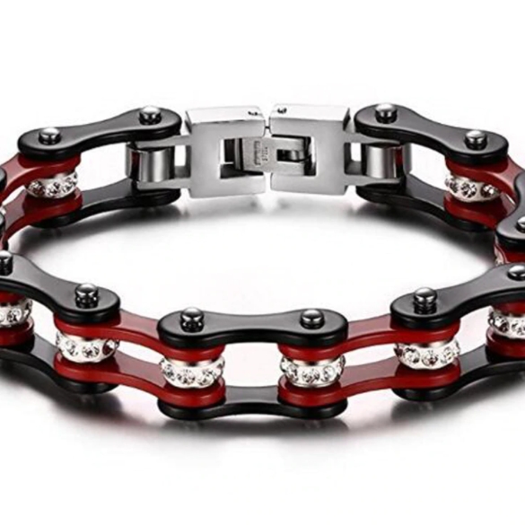 Red & Black Ladies Stainless Steel Bracelet with Cubic Zurconia Diamonds